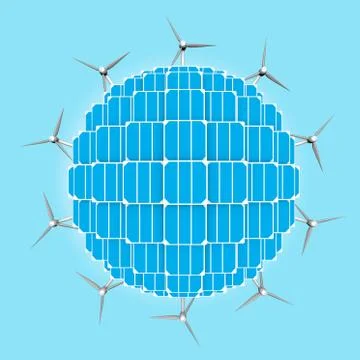 Planet, solar panels,wind turbines generalizing clean energies Stock Illustration