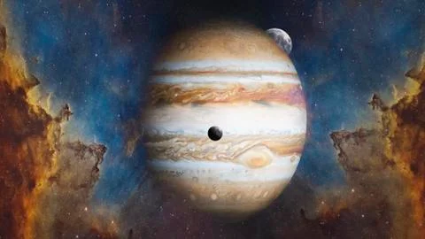 Planet of Solar system Jupiter and it's satellites Europe and Io. Stock Illustration