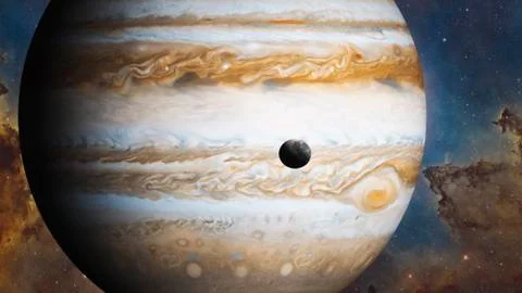 Planet of Solar system Jupiter and it's satellites Europe and Io. Stock Illustration