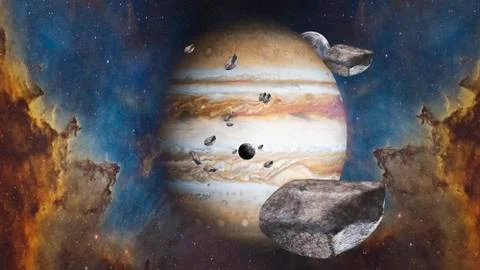 Planet of Solar system Jupiter and it's satellites Europe and Io. Stock Illustration