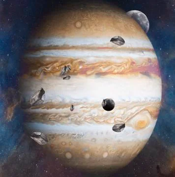 Planet of Solar system Jupiter and it's satellites Europe and Io. Stock Illustration