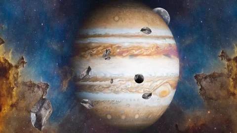 Planet of Solar system Jupiter and it's satellites Europe and Io. Stock Illustration