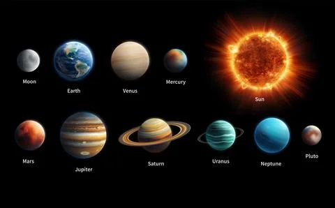 Planet of the Solar System. Space with Saturn, isolated Sun, Jupiter, Mercury Stock Illustration