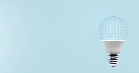 Planet sphere on light bulb, globe with grid. Illustrazione stock