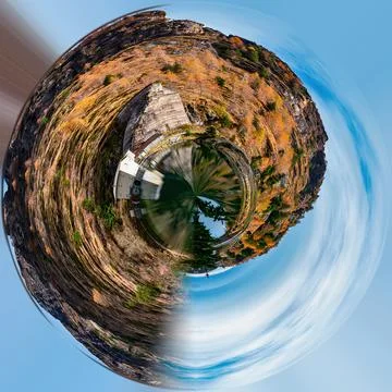 Planet style illustration of a beautiful church in a small mountain town Stock Photos