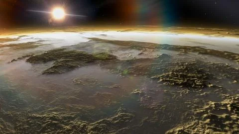 Planet surface with sun flare in background Stock Photos