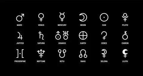 Planet symbol. Vector white sign on black. Mars, venus, mercury and moon. Sun Ilustração Stock