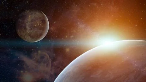 Planet system in space with exoplanet Elements of this image furnished by NAS Foto stock