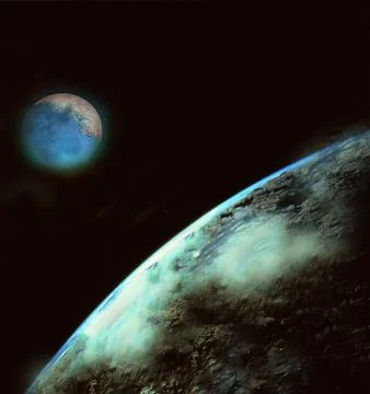 A planet with a thin atmosphere and a moon on the background of space Stock Illustration