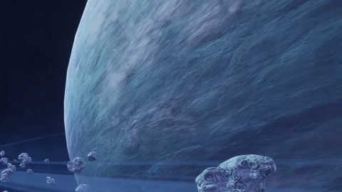 Planet view with asteroids floating in space near the surface Stock Footage 344884476