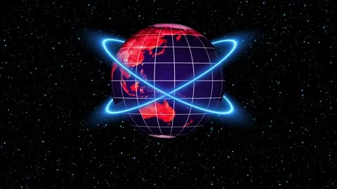 Planet world red earth globe intersecting blue neon orbit lines starry spac.. Stock Footage 317977864