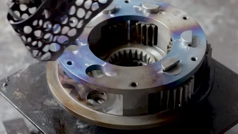 Planetary Carrier Gear Unit Heated with Gas Torch on Workshop Turntable Plate. Stock Footage 344545513