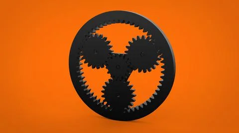 Planetary gears mechanism with shafts on solid background 3d rendering image Illustrazione stock