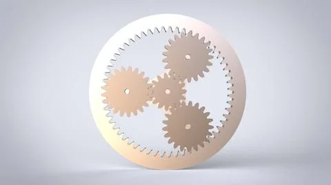 Planetary gears mechanism with shafts on solid background 3d rendering image Illustrazione stock