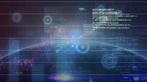 Planetary horizon receiving data feed, overlaying HUD analytics, tracing graphs Stock Footage 332504759