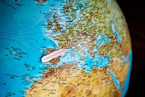 Planetary image Covid-19 map of Spain Coronavirus contagion causing epidemic or Foto stock