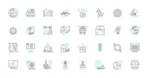 Planetary migration linear icons set. Exoplanets, Gravitational, Orbit, Dynamics Stock Illustration