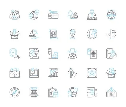 Planetary migration linear icons set. Exoplanets, Gravitational, Orbit, Dynamics Stock Illustration