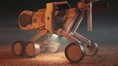 Planetary rover collecting soil samples. The solar power robot testing on Mars Stock Footage 145763263