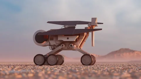 The planetary rover exploring the planet. The solar power robot collecting data. Stock Footage 145763463