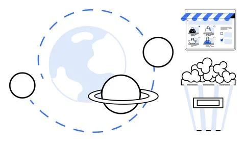 Planetary System Exploration with Online Shopping Page and Popcorn Bucket E.. Stock Illustration
