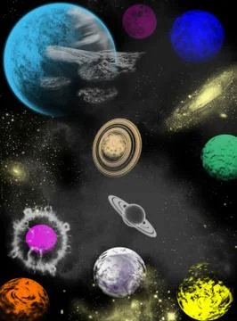 Planets and constellations of different colors and sizes on the background of Foto stock