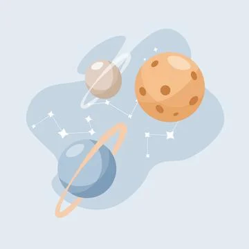 Planets and constellations in outer space vector flat illustration isolated on Stock Illustration