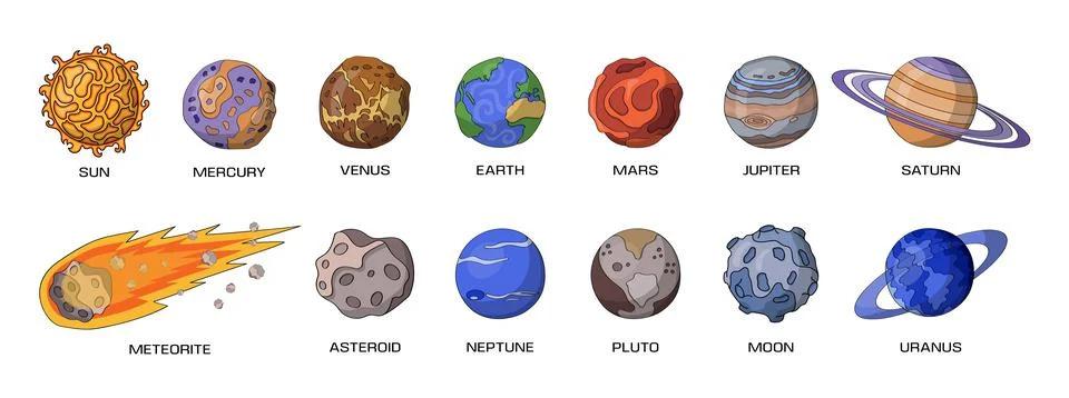 Planets and meteorite. Solar system cosmic elements set. Isolated comet or st 스톡 일러스트
