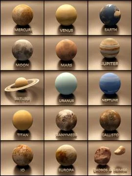 Planets and moons of the solar system Stock Illustration