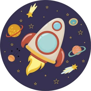 Planets and rockets for children- flat vector Stock Illustration