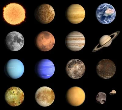 Planets and some moons of the solar system Stock Illustration