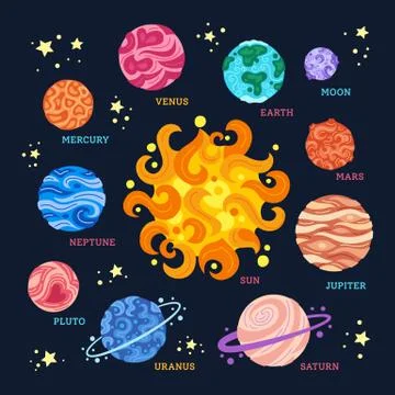 Planets around sun space cartoon solar vector Stock Illustration