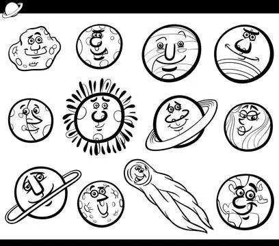 Planets Cartoon Characters Set coloring book Black and White Cartoon Illus... Stock Photos
