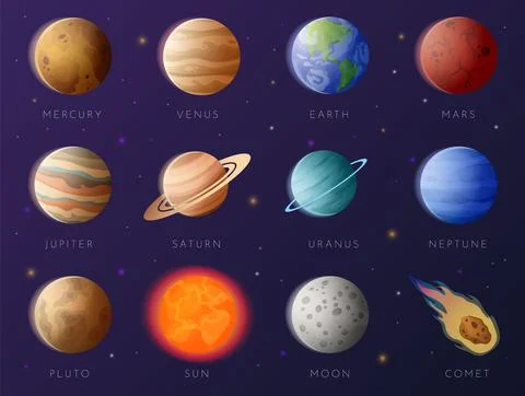 Planets collection. Solar system elements. Galaxy exploration. Astronomy Stock Illustration