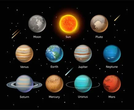 Planets colorful vector set on dark background Stock Illustration