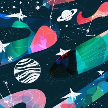 Planets constellations stars vector hand drawn frame Stock Illustration