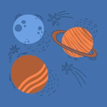 Planets of different sizes and colors in space with comets drawn in childrens Stock Illustration
