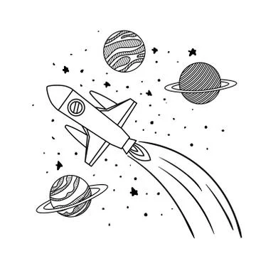 Planets draws of solar system and rocket design Illustrazione stock