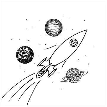 Planets draws of solar system and rocket design Illustrazione stock