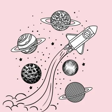 Planets draws of solar system and rocket design Illustrazione stock