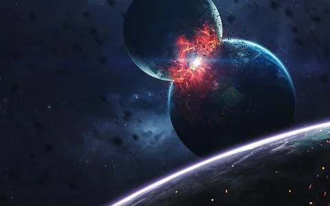 Planets explosion, science fiction image, dark deep space with giant planets Stock Photos