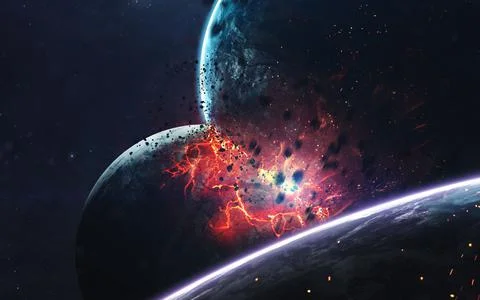Planets explosion, science fiction image, dark deep space with giant planets Stock Photos