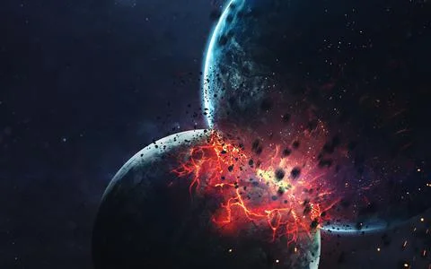 Planets explosion, science fiction image, dark deep space with giant planets Stock Photos