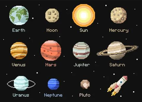 Planets icons pixel art vector illustrations set Stock Illustration