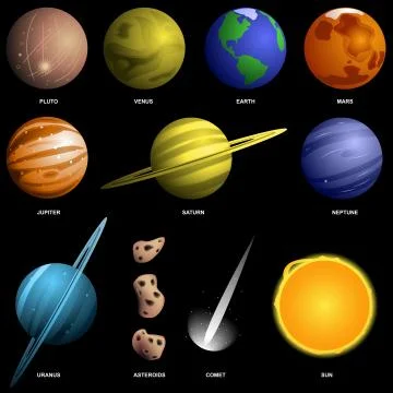 Planets isolated on black (not to scale) Stock Illustration