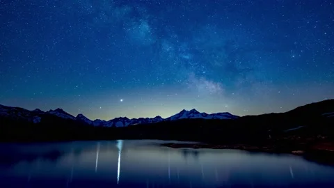 Planets Jupiter and Saturn glowing lights reflecting on a lake in the Swiss Alps Stock Footage