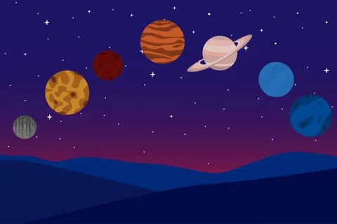 Planets in night sky landscape vector illustration Stock Illustration