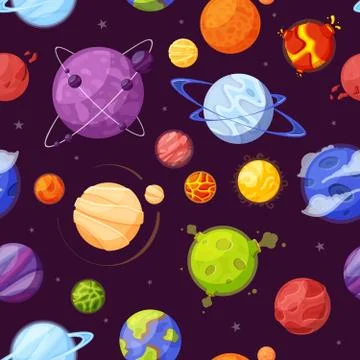 Planets in outer space cartoon flat seamless pattern Stock Illustration