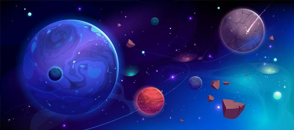 Planets in outer space with satellites and meteors Stock Illustration