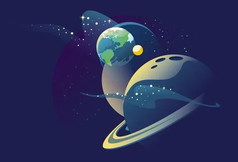 Planets in outer space with satellites. Cartoon vector illustration Stock Illustration